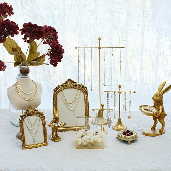 Two-Piece Gold Resin Jewelry Display Stand, Vintage Photo Frame Earring Holder, Velvet Necklace Storage Box, Elegant Décor for Jewelry and Collectibles