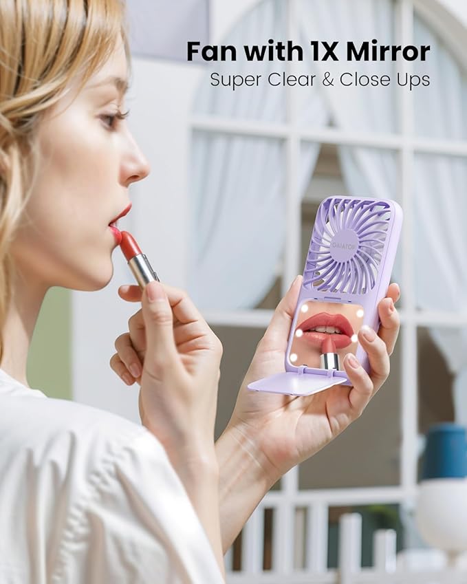 Gaiatop Portable Handheld Fan, 3 Speed LED Makeup Mirror with Light, Folding Stand for Desktop, Rechargeable Mini Personal Fans Small Travel Essentials Gifts for Women Girls