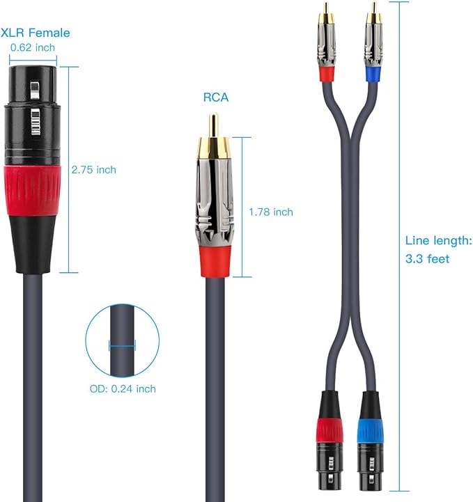 XLR to RCA Cable - Dual Female to Dual Male, 3.3 Feet, HiFi Audio, OFC Wire, for Amplifier, Mixer, Microphone