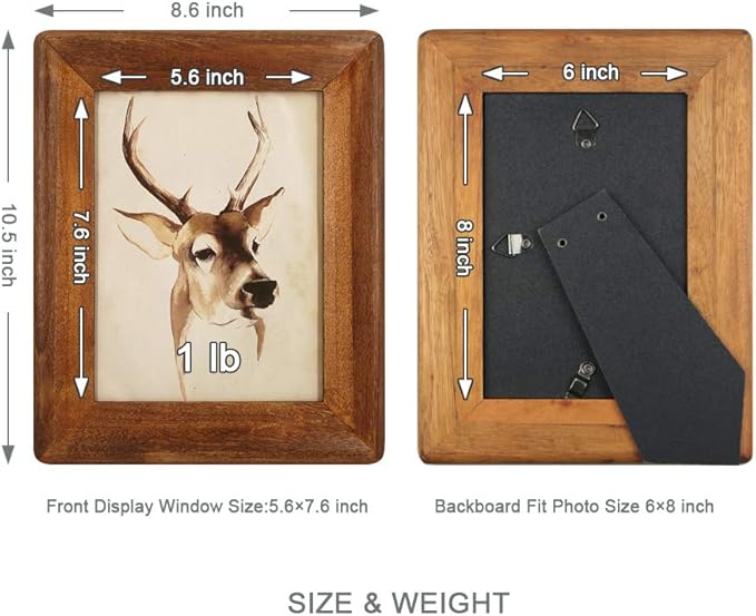 6x8 Wood Picture Frames, Rustic Photo Frame with Real Glass Front,Wall Hanging and Tabletop Standing,Vertical or Horizontal Display (Brown)