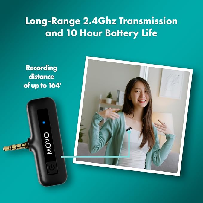 Movo Wireless Mini Camera Microphone for Video Recording- 2.4Ghz Wireless Transmitter with Clip on Lavalier Microphone for DSLR, Mirrorless Camera- Compact Lapel Mic (164FT Range, 10-Hr Battery Life)