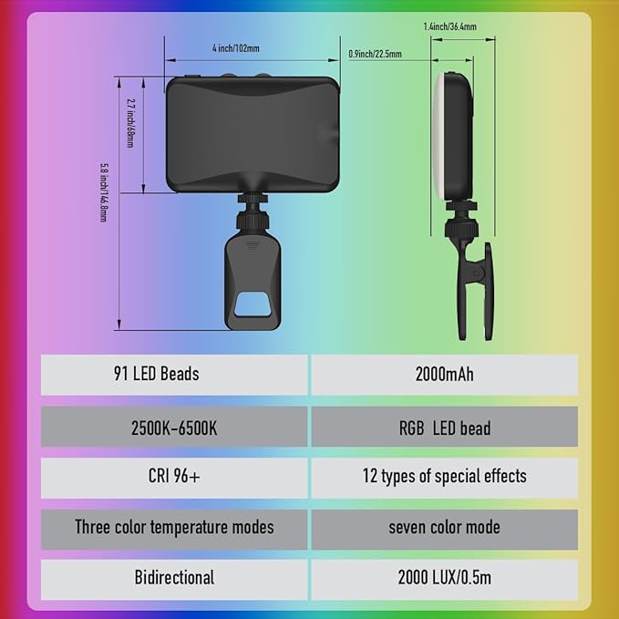 91 LED Portable Charger Selfie Light Video Conference Lighting with Clip & Camera Tripod Adapter Rechargeable 2000mAh CRI 96+, 4 Light Modes for Phone iPhone Webcam Laptop Makeup