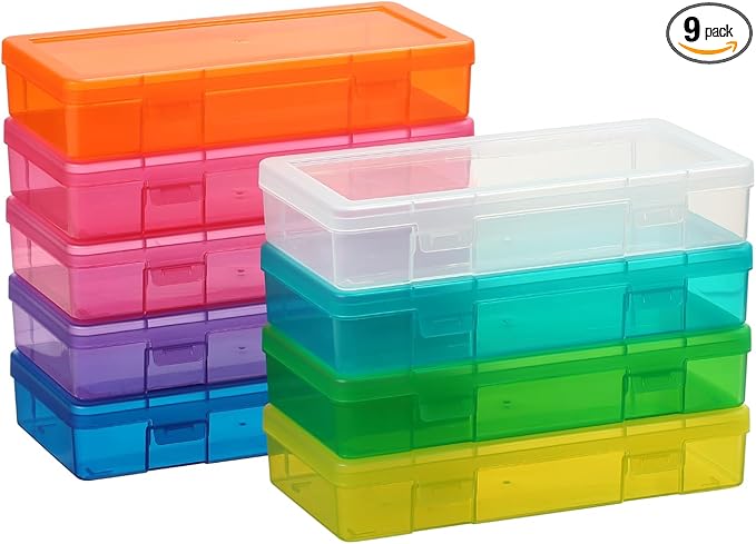 novelinks Medium Plastic Storage Boxes with Latching Lids – 9 Pack Stackable Craft Organizers for Supplies, Pencils, Crayons, Beads, Stationery & Classroom Use(9 Pack Medium -Color)