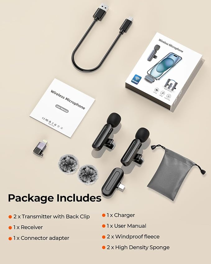 PQRQP Wireless Mini Microphone for iPhone/iPad/Android: 2 Pack Lavalier Microphone for Video Recording, High-Fidelity Audio iPhone Mic with USB-C for Content Creators, Bags & Cases
