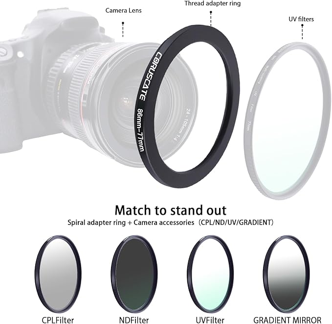 3Pcs 86-82mm/86-77mm/86-95mm Filter Ring Adapter,Metal Step Down Ring for All Brands Camera Accessory(for UV,CPL,ND,Threaded Lens Hood)