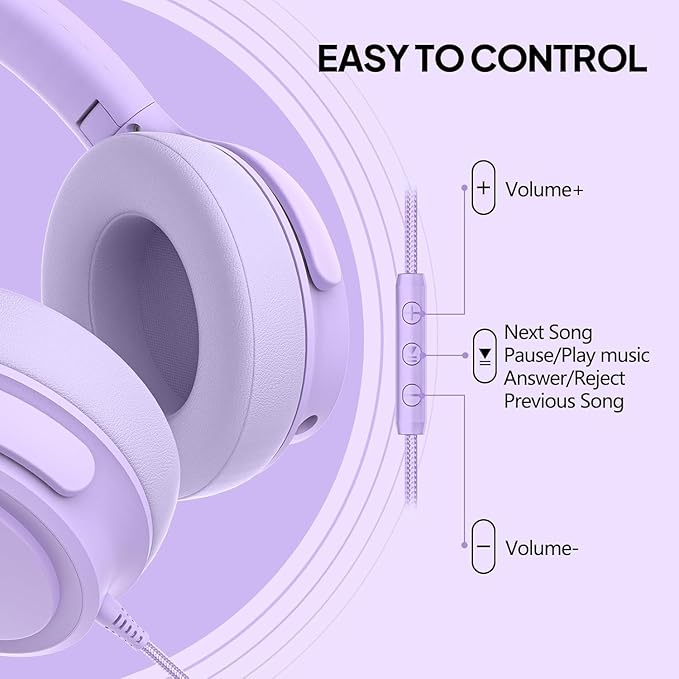 Wired Over-Ear Headphones with USB C Connector, Hi-Fi Stereo Sound, Noise-Isolating Ear Cups, Comfortable Fit for USB C Devices (with Bag, Purple)