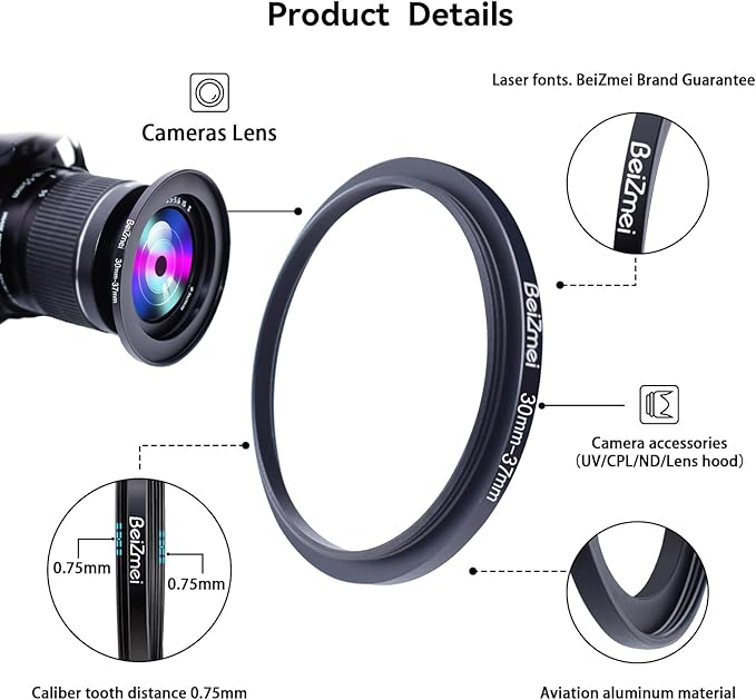 30mm to 37mm Camera Filters Ring,Filters Ring Compatiable All Brands Ø30mm Lens to Ø37mm UV ND CPL Camera Filter Accessory.Made of CNC