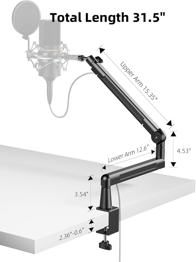 TODI Mic Stand Desk, Low/High Profile Mic Arm Bear 4.5LBS with Extension Riser, Adjustable All Metal Desk Microphone Stand with Cable Channel, Boom Arm Mic Stand with 3/8'' 5/8'' Interface