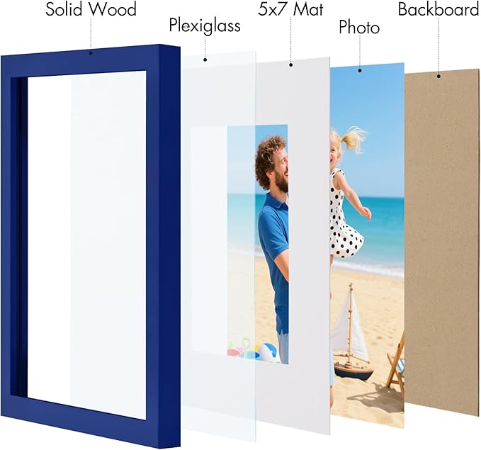 Vittanly 8x10 Picture Frame, Made of Solid Wood and Shatterproof Plexiglass, Display Pictures 5x7 with Mat or 8x10 without Mat, Wooden Photo Frame for Wall Mounting or Tabletop, Royal Blue, 1 Pack