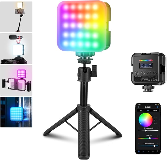 NEEWER Magnetic RGB Camera Video Light with Desk Tripod Stand & 3 Cold Shoes, Upgraded APP Control, CRI97+ 2500-8500K 2000mAh Rechargeable Photography Recording Small LED Panel Lighting, RGB62