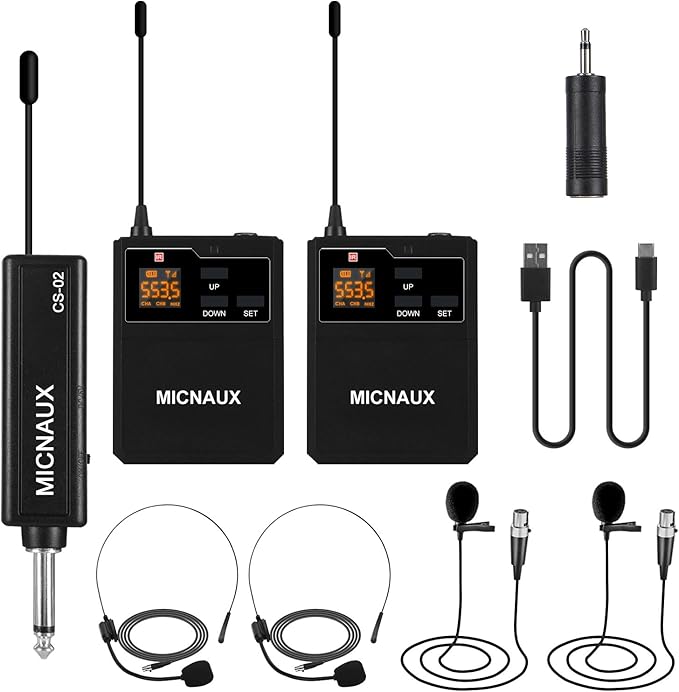 Wireless Lapel Microphone System with Headset & Lavalier Mics, Dual Bodypack Transmitters, Mini Rechargeable Receiver, 48 Channels in 500MHz UHF Band, 260ft Range for Wedding Speech Church