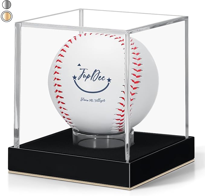 JupDec Baseball Display Case for Single Autograph Ball, Clear Acrylic Cube Baseball Holder with Velvet Interior, UV Protected Stand Box with Durable Base, Ideal Gift for Sports Fans, Gold, 1 Pack
