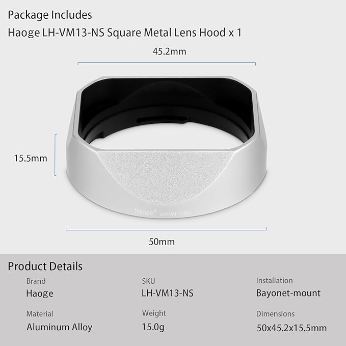 Haoge Square Metal Lens Hood for Voigtlander 35mm F2 35mm F1.5 28mm F2.0 Type I & II Ultron Aspherical Vintage Line Leica VM Mount Lens LH-VM13P-NS Silver Bayonet Design Replace LH-12 LH-4N