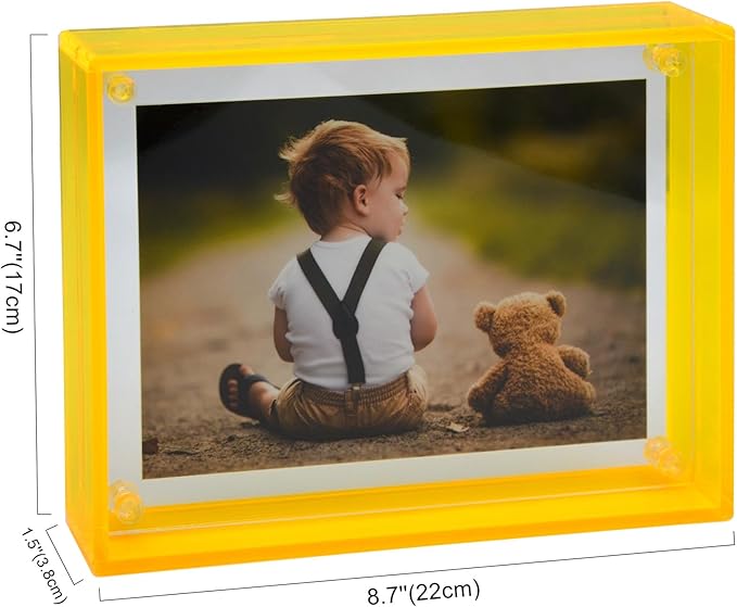 Gelite Acrylic 5X7 Picture Frame to Display 5x7 4x6 Pictures Mat-free Neon Floating Photo Frame for Wall and Tabletop, Neon Yellow