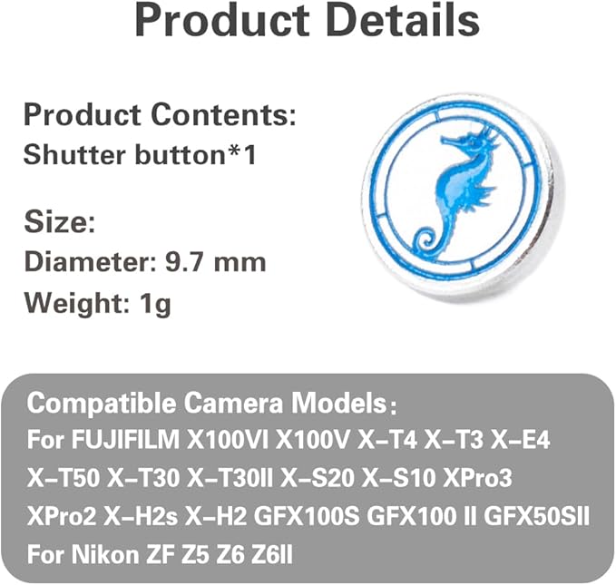Hippocampus japonicus Soft Release Button - Red - fits Any Standard Threaded Release - Fujifilm X100V, X100F, X100T, Xpro3 & Xpro2, X-T3, X-T2, X-E3, X-E2s, X-E2, X-T30, X-T20 (Silvery)