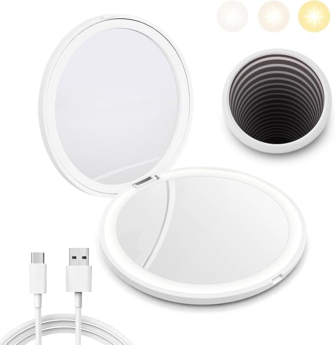 Infinity Travel Lighted Makeup Mirror, Abyss LED Compact Pocket Mirror with Light for Purse, Mini Small Light Up Mirror with 3 Color Lightling, Rechargeable, Handheld,Portable, Folding White