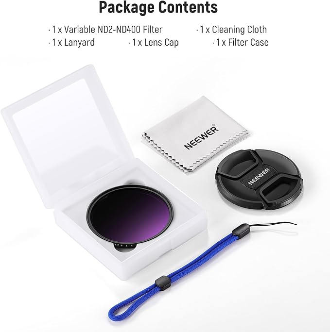 NEEWER 77mm ND2-400 (1-9 Stops) Variable ND Filter with Lens Cap, Lanyard, Cleaning Cloth, Precise Neutral Density Adjustment, Fingerprint & Scratch Resistant Multicoated Optical Glass