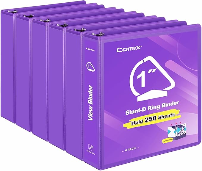 COMIX Sturdy 1 Inch Binders 3 Ring with Clear View Cover, 1" Slant-D Ring View Binder Holds 225 Sheets of US Letter Size Paper, 6 Pack (Purple)