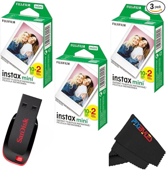 Fujifilm Instax Mini Instant Daylight Film for Instant Camera with USB and PixiBytes Microfiber Cleaning Cloth... (3 x Twin Packs + USB)