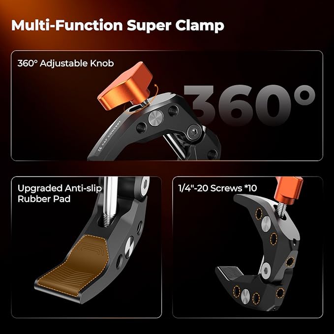 K&F CONCEPT 2 Pack Camera Mount Clamp, Super Crab Clamp with 1/4" Thread Holes for Round Pipe Flat Surface, Monitors, LED Lights, and Other Photographic Accessories