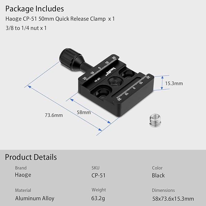 Haoge CP-51L 50mm Screw Knob Clamp Adapter Mount with Long Arm for Quick Release QR Plate Camera Tripod Ballhead Monopod Ball Head Fit Arca Swiss