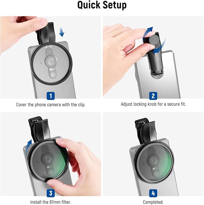 NEEWER 67mm Clip On Black Diffusion 1/4 Filter for Phone, Photography Camera Lens Accessories Kit Compatible with Android Samsung S25 Ultra Google Pixel Huawei Xiaomi, FL-B20