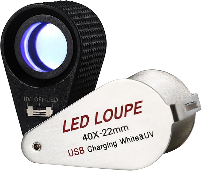 40x Jewelers Loupe Magnifier with UV & LED Lights, 22mm Triplet Lens Rechargeable Jewelers Loupe Foldable Jewelry Magnifier Portable Jewelry Magnifier Inspection Loupe for Gems, Jewelry, Coins, Rocks