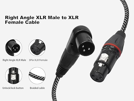 2-Pack XLR Right Angle Male to Female Cable,3FT-90 Degree 3-Pin XLR Adapter Cable, Zinc Alloy Locking Connectors, Dual-Shielded for Tight Spaces, Stage & Studio Use