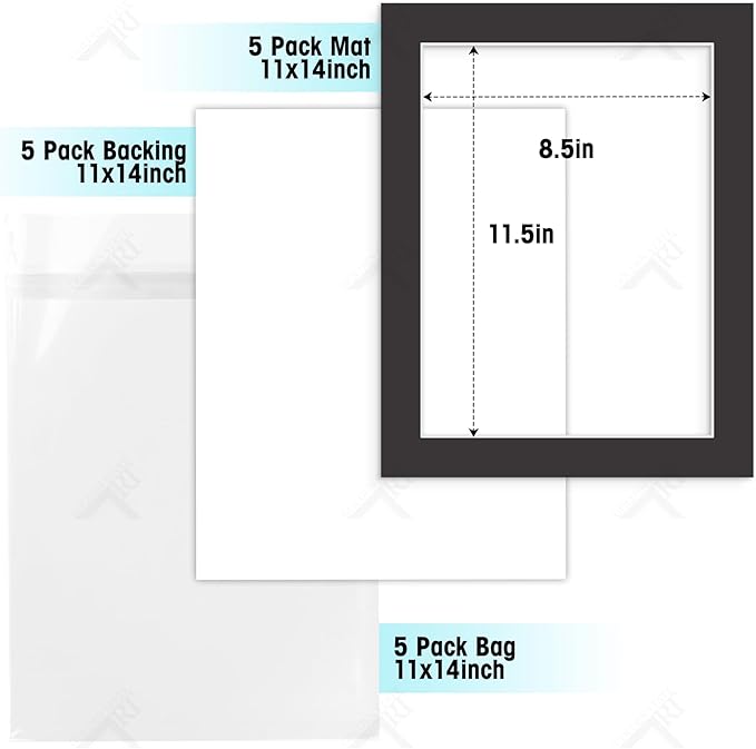 Golden State Art, Acid Free, Pack of 5, 11x14 Black Picture Mats Mattes with White Core Bevel Cut for 9x12 Photo + Backing + Bags