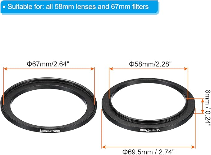 PATIKIL 58mm-67mm Metal Step Up Ring, 2 Pack Camera Lens Filter Adapter Ring Aluminum Filter Adapter Ring for Camera Lenses Hood, Black