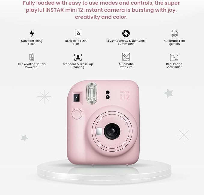 Fujifilm Instant Mini 12 Camera + Accessory Bundle & Compatible Custom Case + Fuji Instant (20 Shots) Designer Mini Photo Album (60 Pockets) (Blossom Pink)