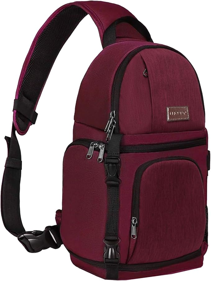 MOSISO Camera Sling Bag, DSLR/SLR/Mirrorless Camera Backpack Case Shockproof Photography Backpack with Tripod Holder & Removable Modular Inserts Compatible with Canon/Nikon/Sony/Fuji, Wine Red