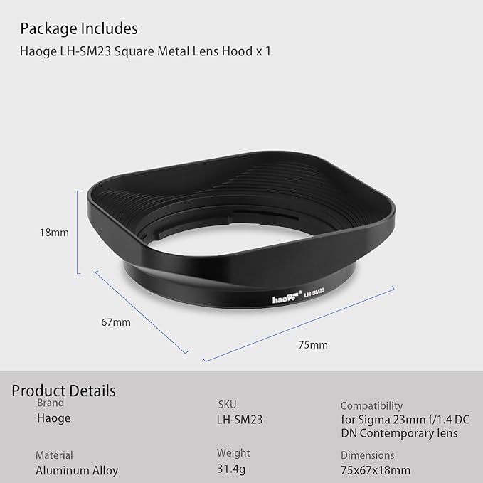 Haoge Bayonet Square Metal Lens Hood for Sigma 23mm F1.4 DC DN Lens LH-SM23