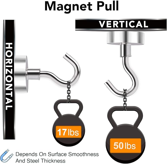 MIKEDE Magnetic Hooks, 50Lbs+ Heavy Duty Magnet Hooks for Cruise Cabins, Super Neodymium Hanging Hooks Strong Magnets with Hook for Fridge, Magnetic Hanger for Grill, Toolbox, Storage, Pack of 4