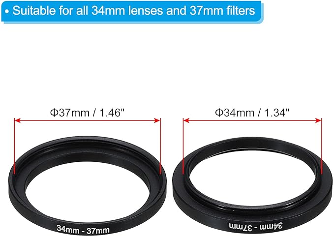 PATIKIL 34mm-37mm Metal Step Up Ring with Cleaning Cloth, 2 Pack Camera Lens Filter Adapter Ring Aluminum Filter Adapter Ring for Camera Lenses Hood, Black