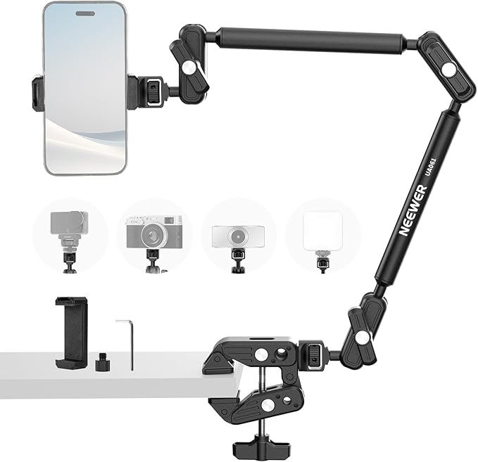 NEEWER Basics Magic Arm Desk Mount, 22" Overhead Mic Stand Boom Arm Desktop Phone Holder with 1/4" 3/8" Threads for ARRI, for DSLR Action Camera Webcam Microphone LED Light for Video Recording, UA061