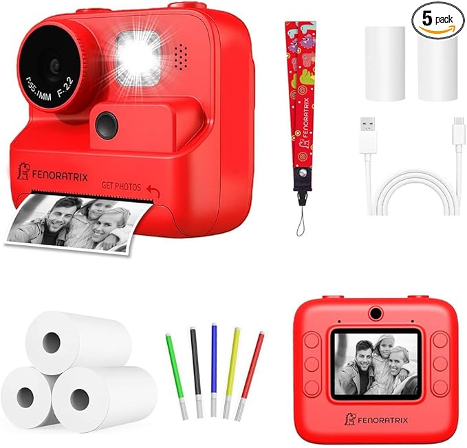 Instant Print Camera for Kids – No Ink Needed, 2.4" Screen, Selfie & 1080P Video, 10X Zoom, 3 Paper Rolls, Stickers & Markers, Fun Creative Gift for Boys & Girls Ages 3 4 5 6 7 8 9 10 – FENORATRIX RED