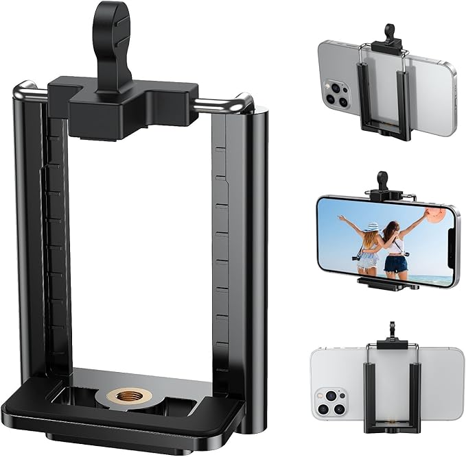 Tripod Phone Mount Holder - Adjustable Phone Holder Clip for Tripod iPhone Mount Adapter Cell Phone Clamp, Fits iPhone 16 15 14 13 12 Pro Max Galaxy S24 S23 Android Smartphones