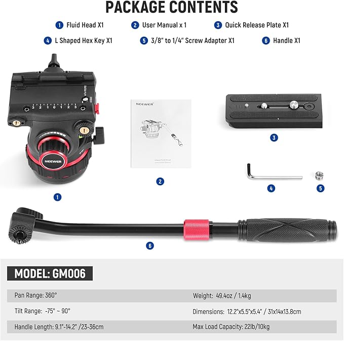 NEEWER Heavy Duty Video Tripod Fluid Head with Stepless Adjustable Pan/Tilt Damping, Quick Release Plate, Compatible with DJI RS Gimbals, Adjustable Handle, ⌀75mm Base, Max Load 22lb, GM006