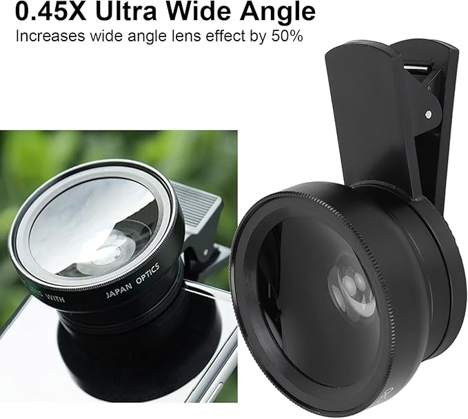 Phone Camera Lens, 2 in 1 Phone Lens Kit, 0.45X Ultra Wide Angle and 12.5X Macro Lens, with Travel Case, HD Professional Universal Clip Lens Kit for Most Smartphones, Tablets(Black)