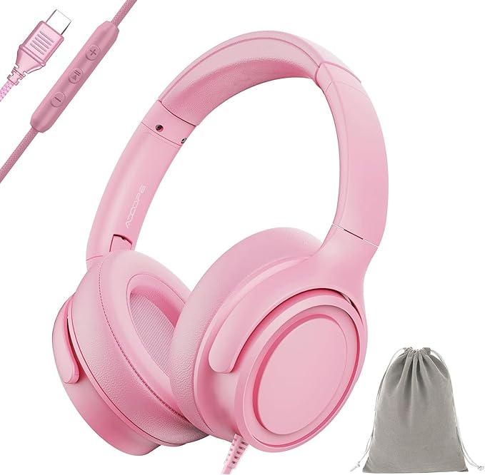 Wired Over-Ear Headphones with USB C Connector, Hi-Fi Stereo Sound, Noise-Isolating Ear Cups, Comfortable Fit for USB C Devices (with Bag, Pink)