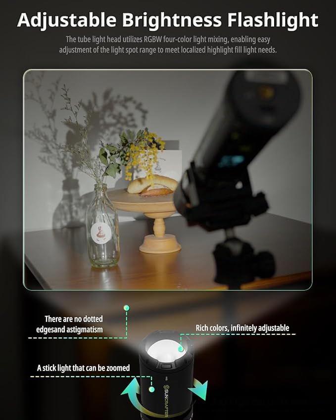 TL30 RGB Light Tube, RGBWW 360° Adjustable Magnetic Video Lighting Wand Stick with Smart APP Control, 2700K-10000K CRI96+ TLCI99+, 21 Scenes, Focus-Adjustable Spotlight, 5000mAh Battery