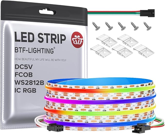 BTF-LIGHTING FCOB COB WS2812B IC RGB LED Strip DC5V 9.8FT Individual Addressable 160Pixel/m 480LEDs 480IC Dream Color IP30 Non-Waterproof High Density Light 0.39in Width(No Adapter or Controller)
