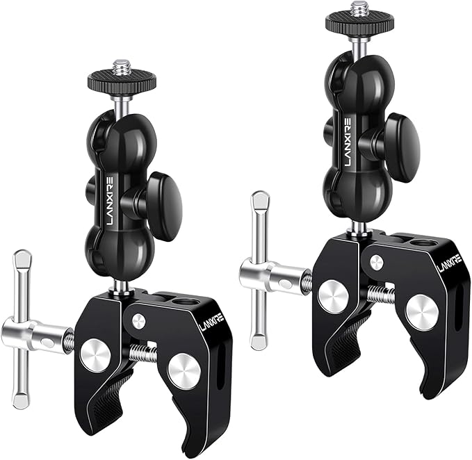 Super Clamp Camera Mount with Double Ball Head Magic Arm and 1/4" Screw - 360° Rotation - Fits for Camera, GoPro, Insta360, Action Camera, Monitor, Microphone - 1/4" and 3/8" Threaded Holes
