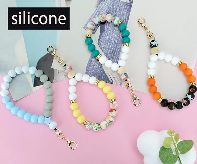 Marble Silicone Beaded Phone Wrist Strap, Cellphone Lanyard with Tether Tab, Elastic Hands-Free Wristlet Bracelet