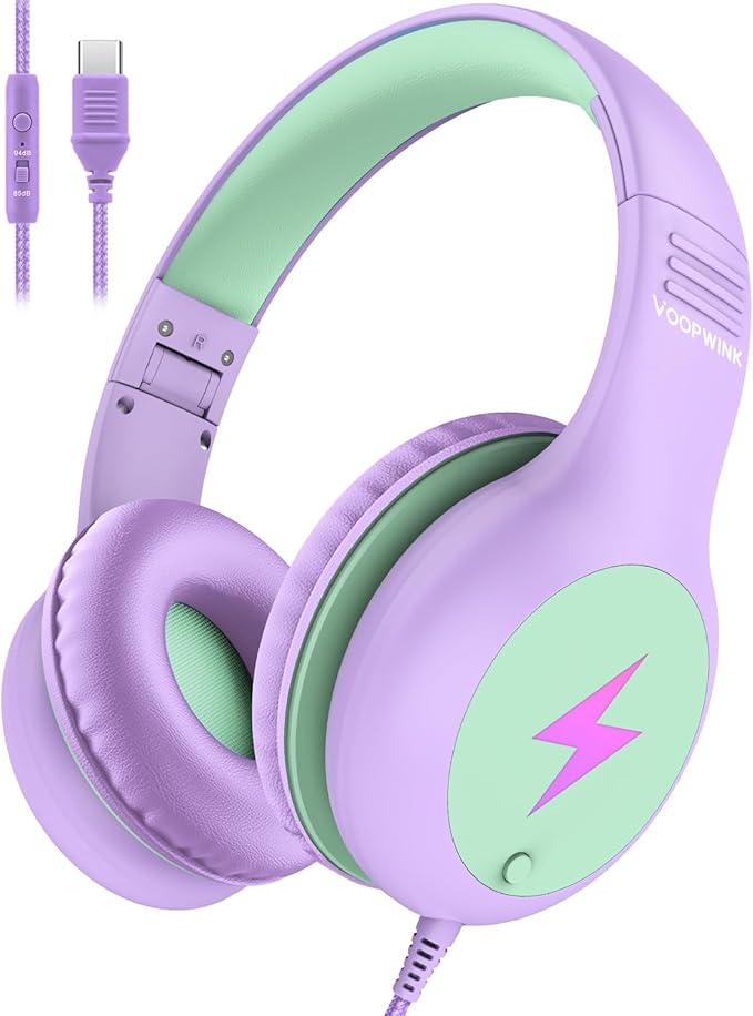 Kids Headphones Wired with Microphone, USB Type C Headphones for Kids Girls Boys with Cord/LED Lights/85/94dB Volume Limit, Portable Over Ear Headphones for School/Travel/Tablet/iPad