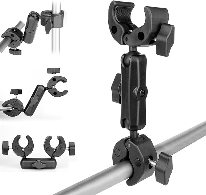 Double Super Clamp Camera Mount with Magic Arm for Chair/Photography Reflector/Light/Pole, Umbrella Clamp with 360° Rotation Double Ball Head Adapter for Golf Push Carts/Strollers/Wagons