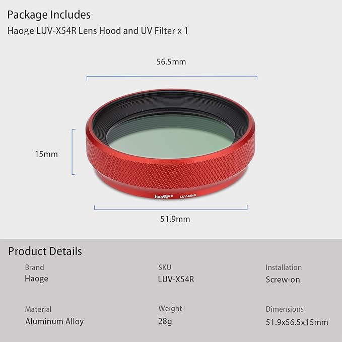 Haoge LUV-X54R Metal Lens Hood with MC UV Protection Multicoated Ultraviolet Lens Filter for Fujifilm X100VI Fuji X100V Camera Red