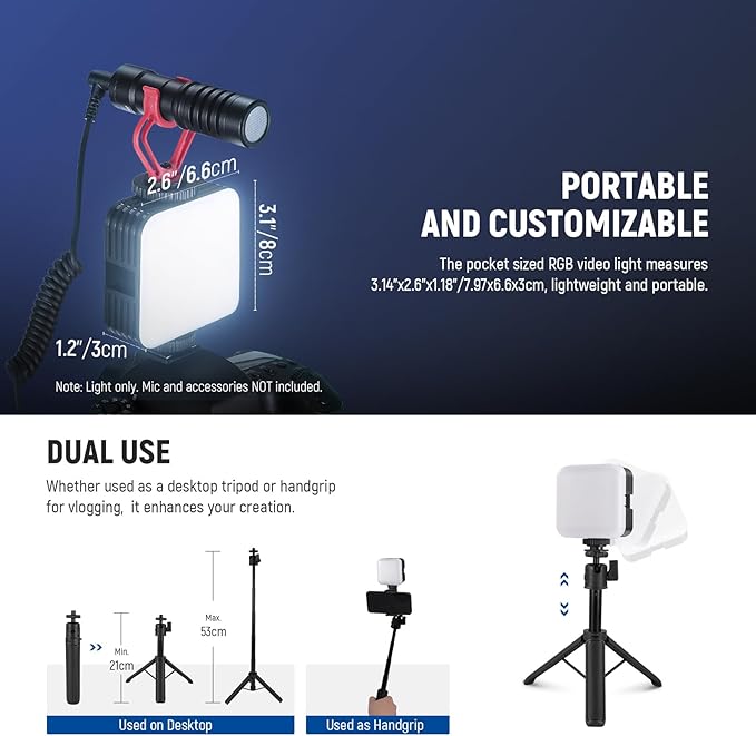 NEEWER Magnetic RGB Video Light with Desk Tripod Stand & 3 Cold Shoes, 360° Full Color LED Camera Light, CRI97+/20 Scenes/2500K-8500K, 2000mAh Photography Recording Small Panel Lighting, RGB61