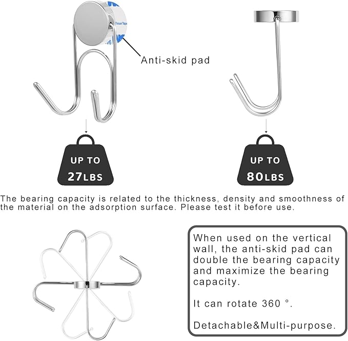 Buelkmag Magnetic Hooks 80Lbs+ 304 Stainless Steel Hooks Heavy Duty Magnets Hanging Hooks for Refrigerator Grill Toolbox Cabins Outdoor,2026 Cruise Essentials Camper Accessories 4pack(Silver)
